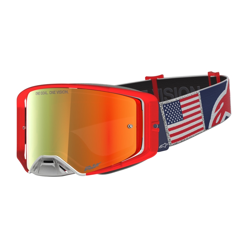 Alpinestars Supertech Fiftyfold crossbril in blauw-rood-wit met rood spiegelend plexiglas.