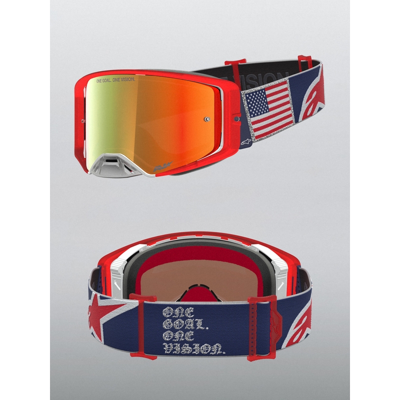 Alpinestars Supertech Fiftyfold crossbril in blauw-rood-wit met rood spiegelend plexiglas.