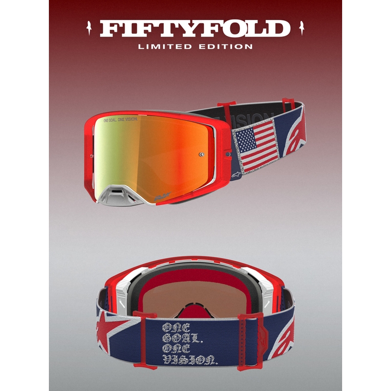 Alpinestars Supertech Fiftyfold crossbril in blauw-rood-wit met rood spiegelend plexiglas.