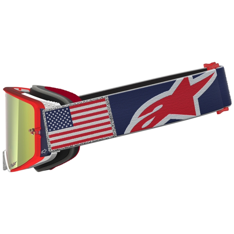Alpinestars Supertech Fiftyfold crossbril in blauw-rood-wit met rood spiegelend plexiglas.