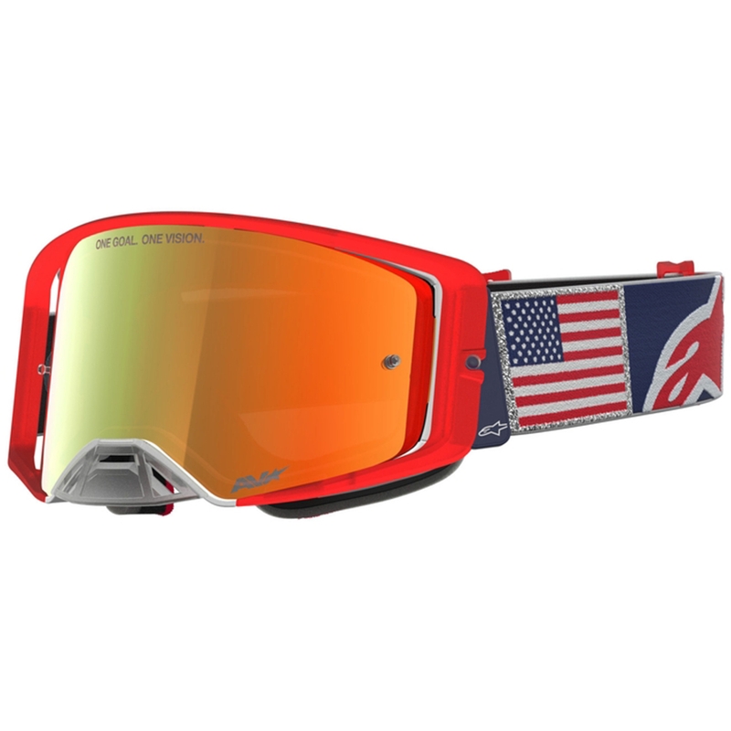Alpinestars Supertech Fiftyfold crossbril in blauw-rood-wit met rood spiegelend plexiglas.
