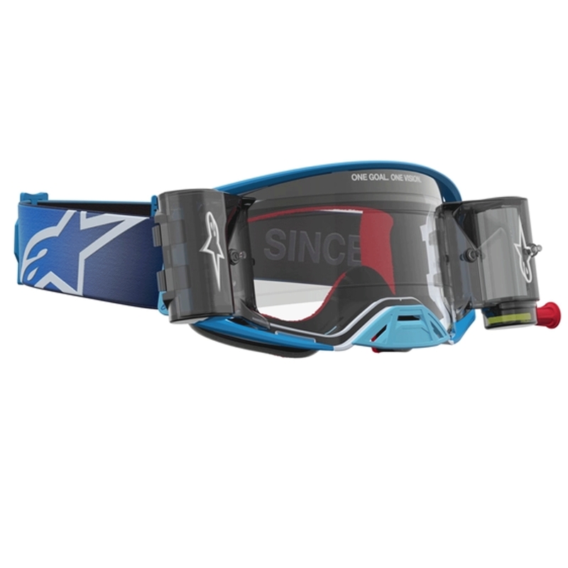 Alpinestars Supertech ROLL-OFF motorcrossbril blauwzilver met transparant plexiglas