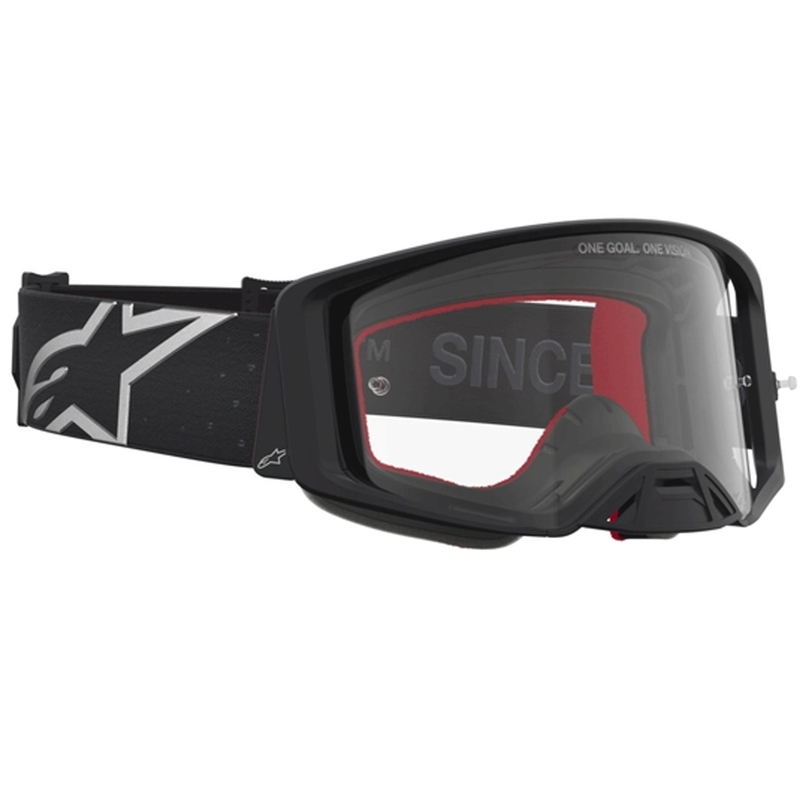 Alpinestars Supertech Vesta crossbril in zwart-zilver met transparant plexiglas.