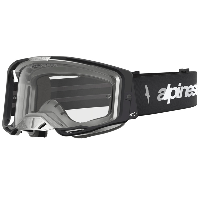 Alpinestars Vision 8 Amber crossbril, zwart-zilver met transparant plexiglas.