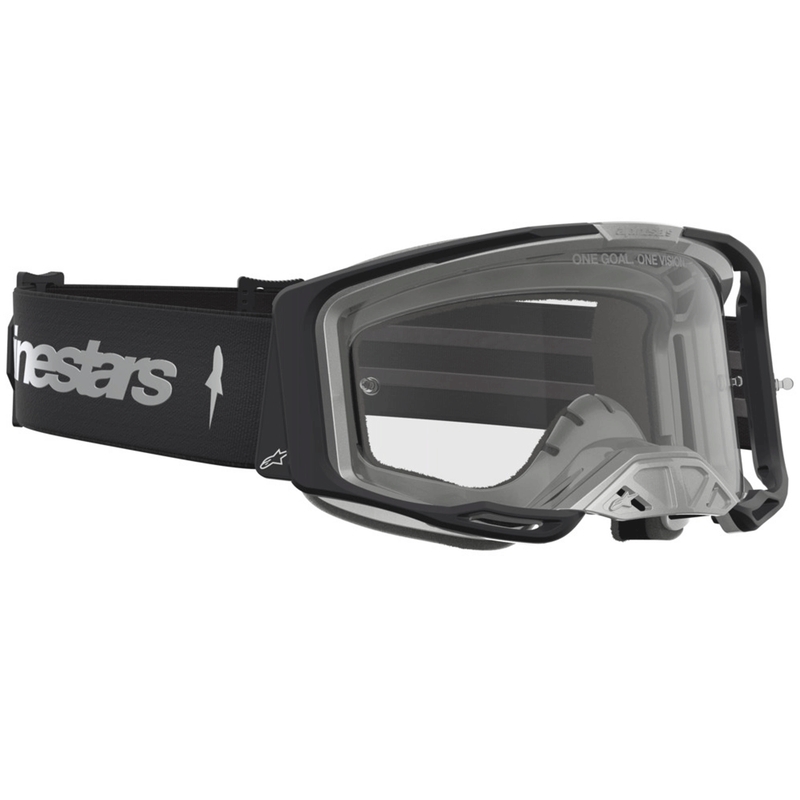 Alpinestars Vision 8 Amber crossbril, zwart-zilver met transparant plexiglas.
