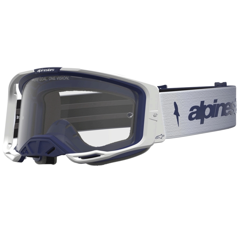 Alpinestars Vision 8 amberblauw-witte motorcrossbril met transparant plexiglas