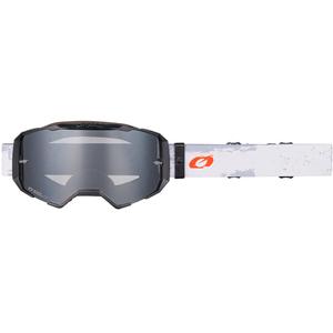 Motocrossbril O'Neal B-22, wit-zwart geverfd met zilverkleurig plexiglas.
