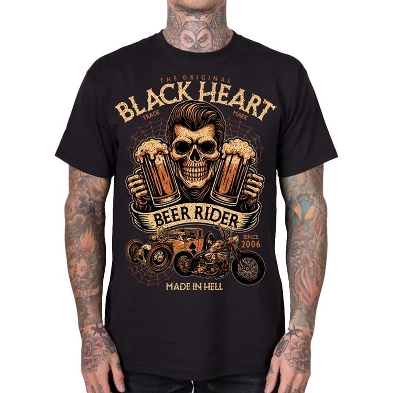 Zwart T-shirt met afbeelding van een bierliefhebber (Black Heart Beer Rider)