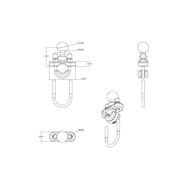 RAM Mounts met 1" pin voor pijpdiameter 12,7-31,75 mm